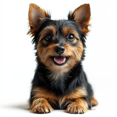 small, happy dog with fluffy fur and perky ears sits against white background, showcasing its playful and friendly demeanor