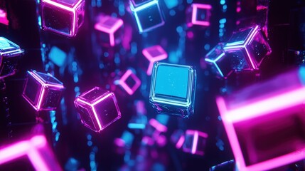 Fototapeta premium Floating neon cubes glow blue and pink, creating a tech aesthetic, ideal for digital marketing, gaming, and innovative tech.