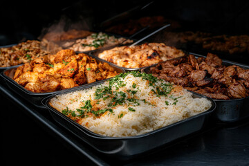 A variety of food is displayed on a table, including rice, meat, and vegetables