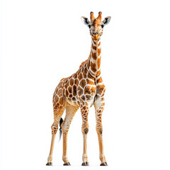 Obraz premium tall and elegant giraffe stands isolated on white background, showcasing its unique pattern and long neck