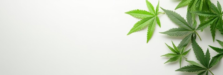 Obraz premium Green Cannabis Leaves on White Background - Symbolic representation of nature, health, wellness, growth, and medicine. Cannabis leaves artistically arranged
