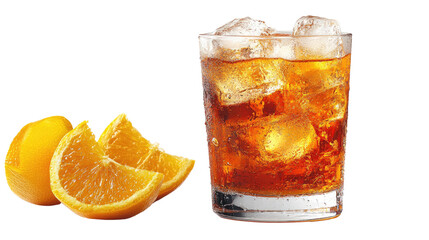 Refreshing Citrus Sip: A close-up shot captures a tempting beverage in a glass, filled with ice cubes, alongside fresh orange slices, inviting viewers to savor a moment of pure refreshment.
