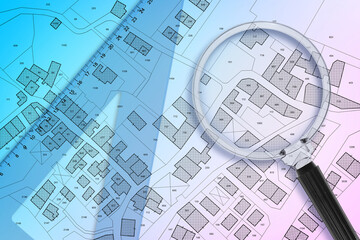 IMAGINARY CADASTRAL MAP WITH BUILDINGS, LAND PARCEL AND VACANT PLOT - Land records and property...