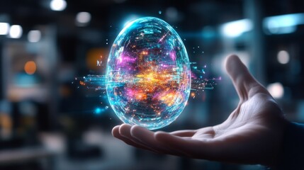 Floating energy sphere held in hand with vibrant colors in a futuristic setting