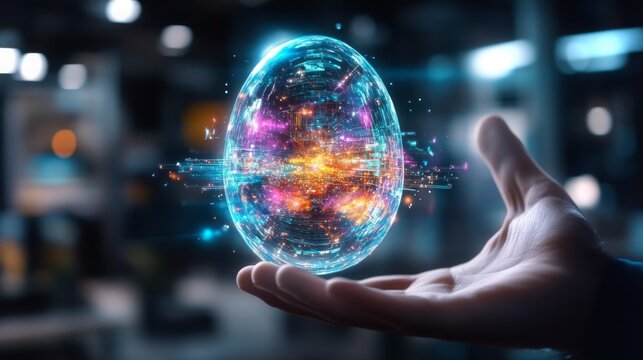 Floating energy sphere held in hand with vibrant colors in a futuristic setting