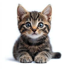 Obraz premium cute tabby kitten with striking blue eyes sits on white background, showcasing its fluffy fur and curious expression. detailed markings on its coat add to its adorable appearance