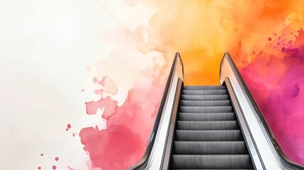 Consumer watercolor concept. Escalator leading upwards with colorful watercolor background.