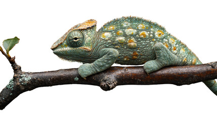 Obraz premium Camouflage King: Chameleon perched gracefully on a branch with vibrant colours. Capturing the chameleon's unique ability to blend seamlessly with its surroundings.