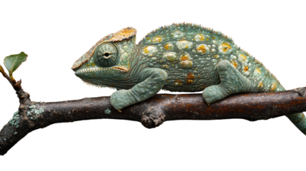 Camouflage King: Chameleon perched gracefully on a branch with vibrant colours. Capturing the chameleon's unique ability to blend seamlessly with its surroundings.