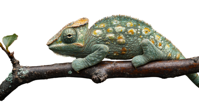 Camouflage King: Chameleon perched gracefully on a branch with vibrant colours. Capturing the chameleon's unique ability to blend seamlessly with its surroundings.