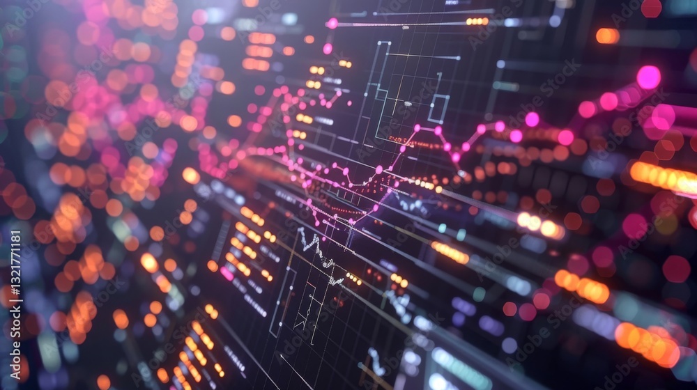 Fototapete a digital representation of stock market trends illustrates intricate lines and dots in vibrant colo