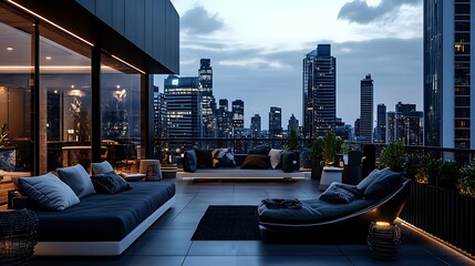 Obraz premium Relaxing on City Rooftop Terrace at Dusk with Urban Skyline
