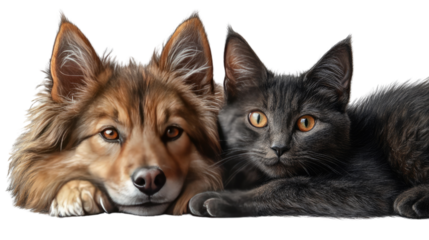 Best Friends Forever: An endearing depiction of a loyal dog and a curious cat lying close together, symbolizing a bond of friendship and companionship.