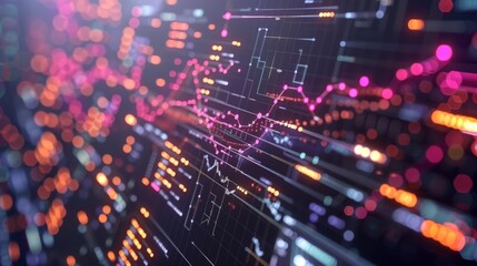 A digital representation of stock market trends illustrates intricate lines and dots in vibrant colors, highlighting fluctuations and patterns in financial data analysis.