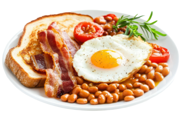 Breakfast Feast: A plate piled high with a hearty breakfast, featuring crispy bacon, a perfectly cooked sunny-side-up egg, baked beans, toasted bread, and fresh tomatoes, garnished with rosemary.