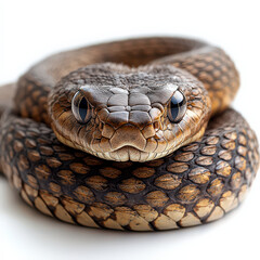 Fototapeta premium coiled snake with intricate scales and focused gaze is isolated on white background, showcasing its detailed texture and natural pattern