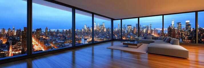 Fototapeta premium Luxury Apartment Night City View - Stunning city skyline view from a modern apartment's floor to ceiling windows. Luxurious living space with contemporary furniture