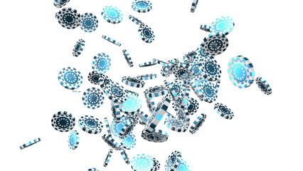 Flying blue casino chips, casino chips in zero gravity on transparent png background.