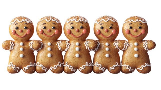 Gingerbread Gang: A charming gathering of gingerbread men standing arm in arm, each adorned with cheerful smiles, a testament to the joy of the holiday season.