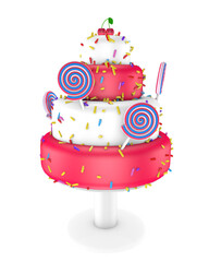 Beautifully decorated cake with lollipops isolated on transparent background png, ideas for birthday or holiday themes. Suitable for projects dedicated to birthdays, holidays.