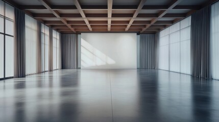 A large empty interior space with expansive windows and wooden ceiling