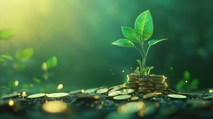 Green plant growing from coins on fertile soil, signifying financial growth and investment. Ideal for finance, investment, and sustainable development themes.