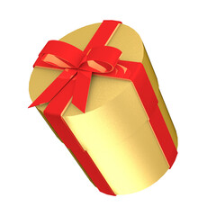 Golden round gift box with red bow isolated on transparent background png.
