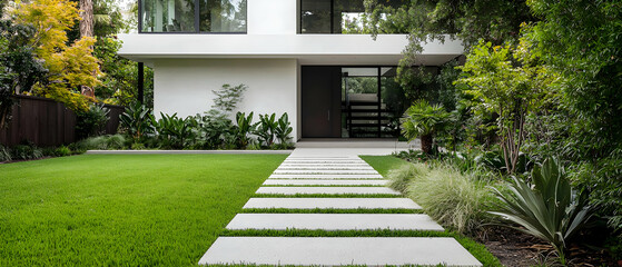 Modern Home Exterior With Lush Green Landscaping And Concrete Pathway Leading To Entrance