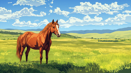 Obraz premium Horse standing on the grassland, beautiful horse in the rangeland, flat illustration, grassland animal, spring holiday travel concept, animal poster