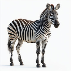 zebra stands solid white background, showcasing its full body with high detail. black and white stripes are distinct and vivid, highlighting zebra unique pattern. animal ears are perked up