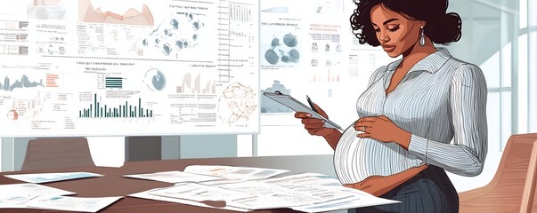 Pregnant businesswoman analyzes charts and documents in the boardroom