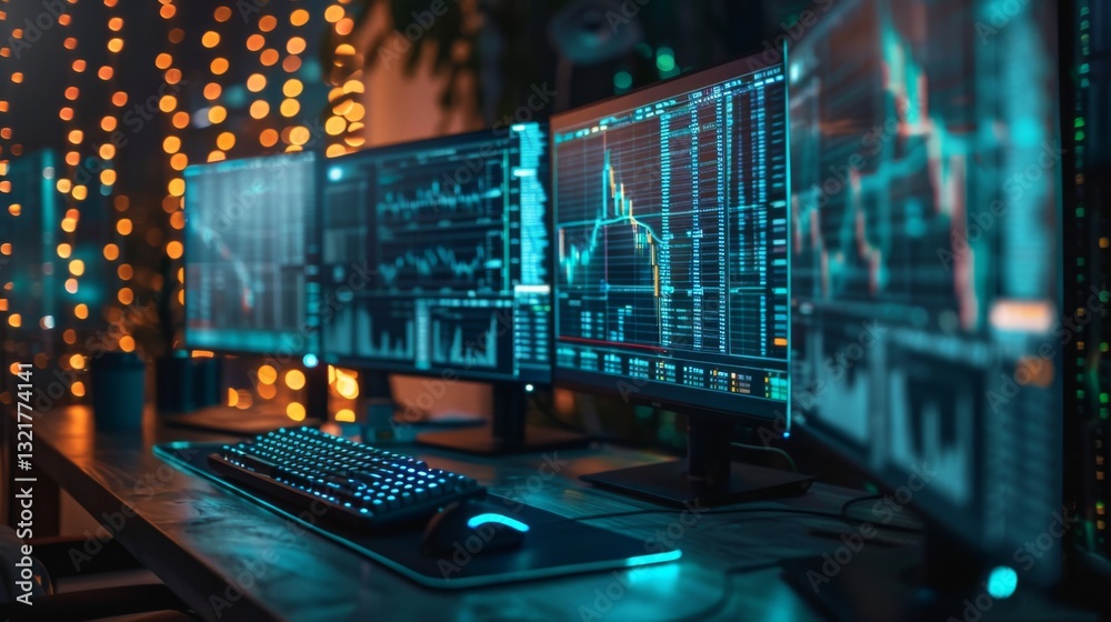 Poster Several monitors are arranged on a desk, showcasing dynamic financial charts and graphs, while a soft ambient light creates a tech savvy atmosphere in the evening.