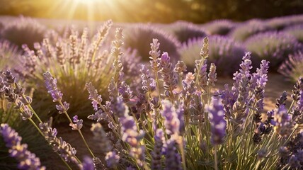 Obraz premium Close-up of lavender field with purple flowers and green leaves.
