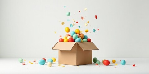Fototapeta premium A cardboard box overflowing with pastel-colored eggs, some eggs playfully bouncing and scattering around the box on a white background.