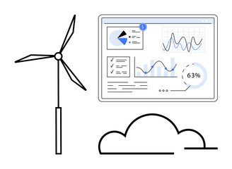 Wind turbine and digital dashboard featuring graphs, charts, and analytics. Ideal for renewable energy, sustainability, technology, data analysis, environmental impact IoT clean energy. Flat simple