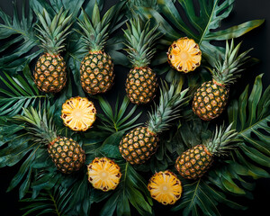 Fototapeta premium Overhead shot of whole and sliced pineapples arranged amongst large tropical leaves on a dark background, showcasing a vibrant and refreshing summer concept