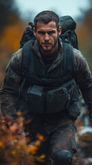 Obraz premium Soldier in Camouflage Walking Through Autumn Forest