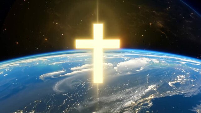 Jesus Cross over planet earth orbit. Christianity religion, happy easter concept