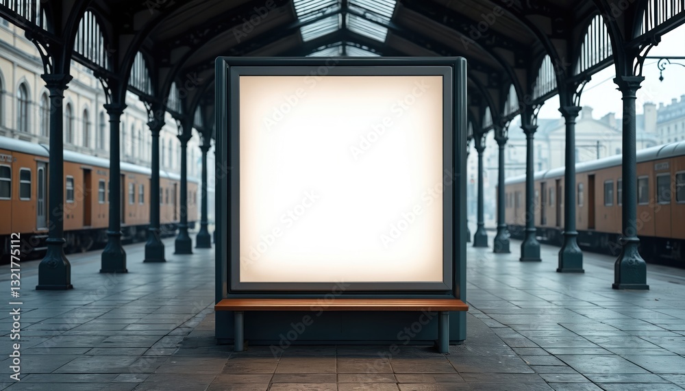 Leinwandbilder mockup of empty billboard at train station. white screen stands against backdrop of old architecture