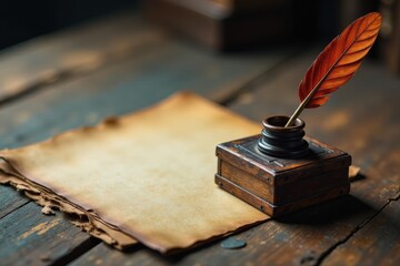 Grungy wooden surface, antique inkwell, quill pen poised, photography, inkwell