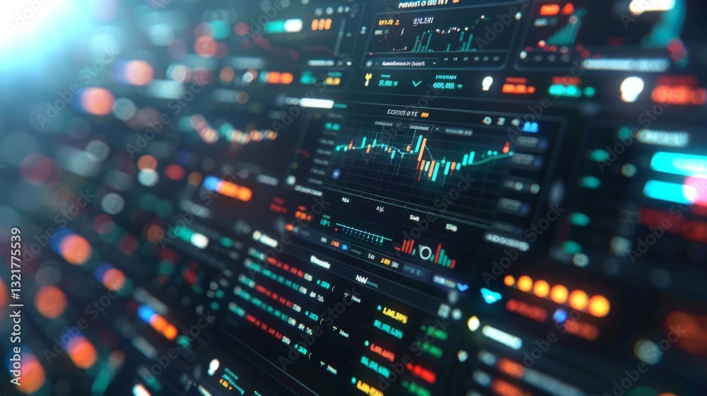Poster Numerous screens display vibrant financial data and trading indicators as market activity intensifies, showcasing the analysis and decision making process of traders.