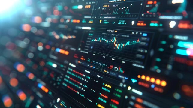 Numerous screens display vibrant financial data and trading indicators as market activity intensifies, showcasing the analysis and decision making process of traders. - Powered by Adobe