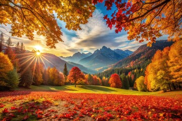 Autumn's fiery hues paint majestic peaks; a rule of thirds composition captures breathtaking beauty.