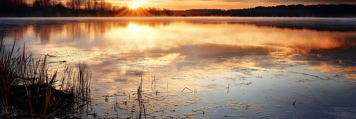 Obraz premium Serene Sunset Landscape Reflected on Tranquil Lake Surface