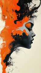 Artistic Representation of a Womans Profile With Vibrant Orange and Black Abstract Elements