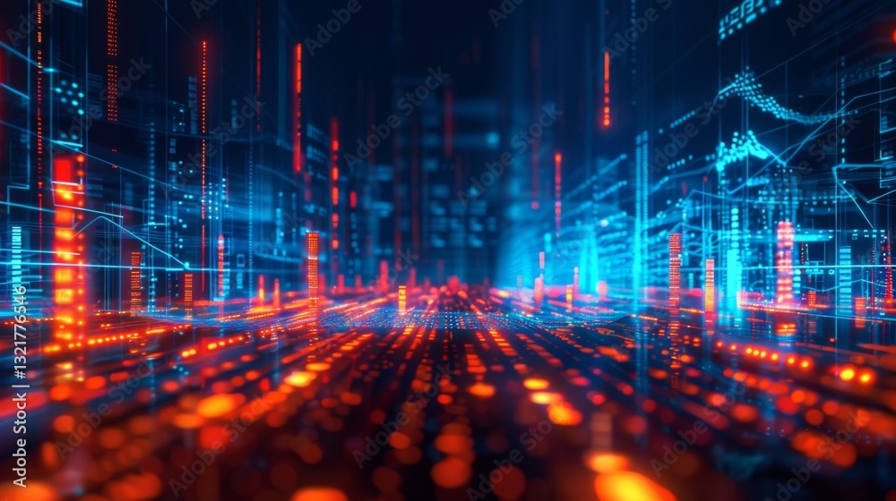 Poster A vibrant digital landscape filled with glowing lines and data streams creates a futuristic atmosphere. Bright lights in red and blue illuminate the scene, reflecting technology's energy.