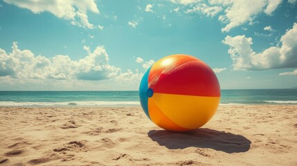 Obraz premium Colorful beach ball on sandy shore. Sunny day. Potential use for summer vacation posters