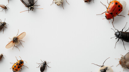 A group of bugs are shown in a circle on a white background. The bugs are of various sizes and colors, including a ladybug. Concept of diversity and abundance