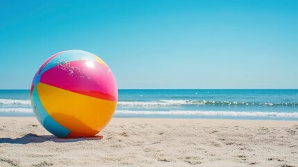 Obraz premium Colorful beach ball on sandy shore, bright sunny day, seaside vacation, potential stock photo