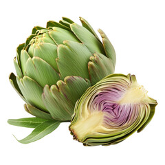 Obraz premium Fresh Artichokes with Green Leaves and Purple Heart on White Background